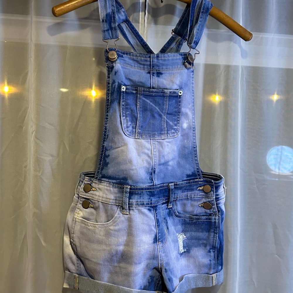 NoBo Denim Shortalls Girls XS 5 Tie Die Wash Short Overalls Cuffed Summer